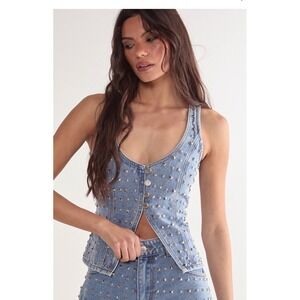NWT Studded Denim Corset Top Light Wash Sleeveless Button Front Vest 6